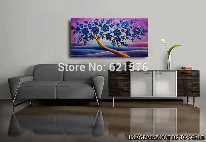 hand-painted living room home decor purple blue cherry blossom wall art picture abstract thick palette knife canvas oil painting