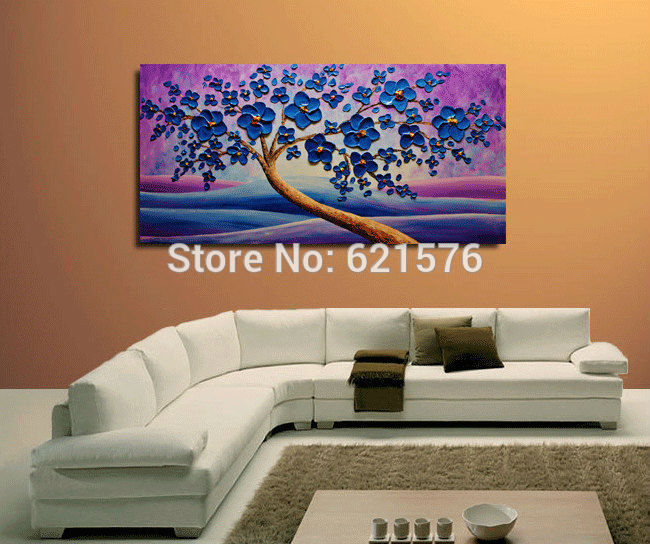 hand-painted living room home decor purple blue cherry blossom wall art picture abstract thick palette knife canvas oil painting