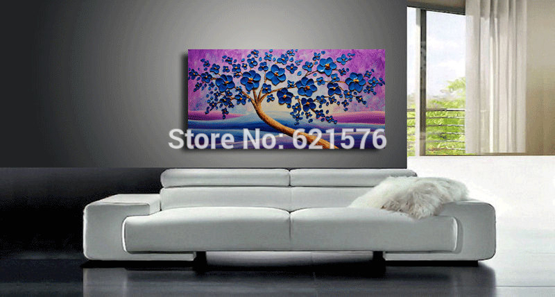 hand-painted living room home decor purple blue cherry blossom wall art picture abstract thick palette knife canvas oil painting