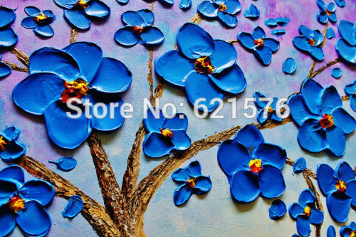 hand-painted living room home decor purple blue cherry blossom wall art picture abstract thick palette knife canvas oil painting