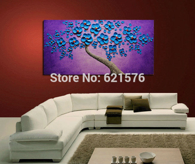 hand-painted living room home decor purple blue flower tree abstract wall art picture thick palette knife canvas oil painting