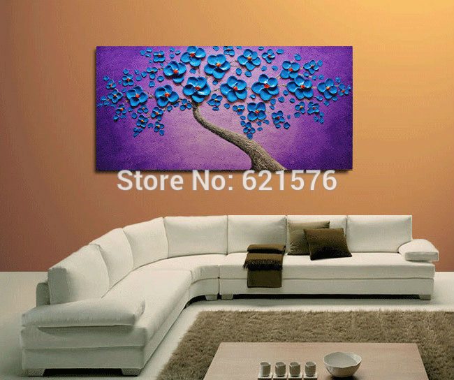 hand-painted living room home decor purple blue flower tree abstract wall art picture thick palette knife canvas oil painting