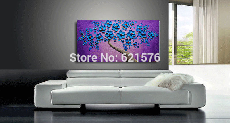 hand-painted living room home decor purple blue flower tree abstract wall art picture thick palette knife canvas oil painting