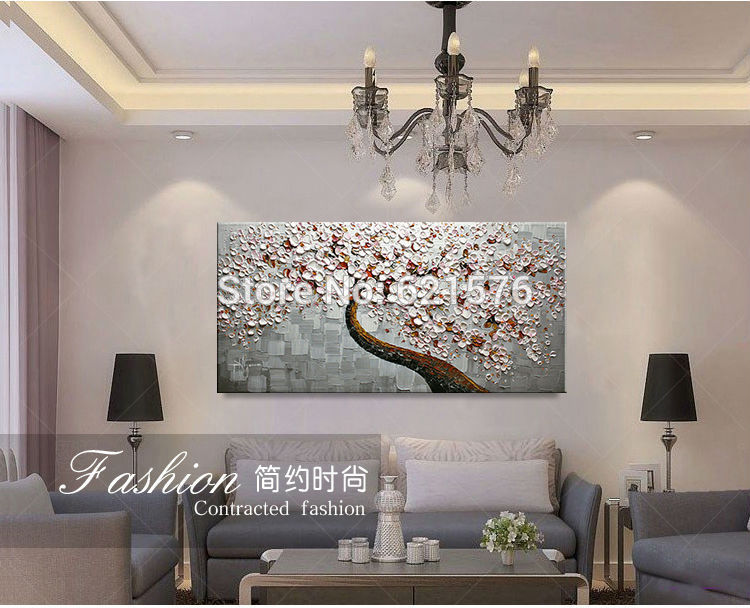 hand-painted modern gray pink cherry blossom tree wall art picture home decor abstract palette flower oil painting on canvas art