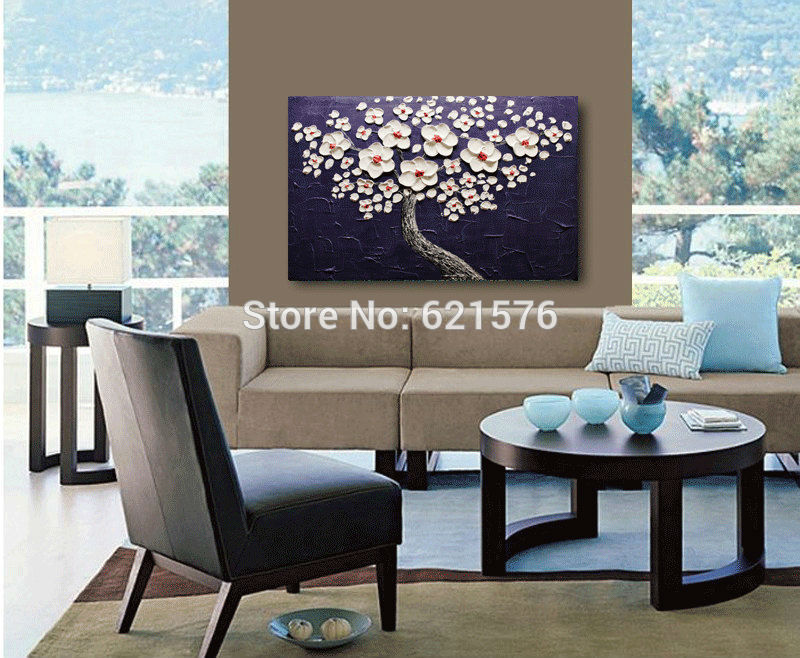 hand-painted modern home decor abstract dark purple white cherry tree wall art picture thick palette knife canvas oil painting