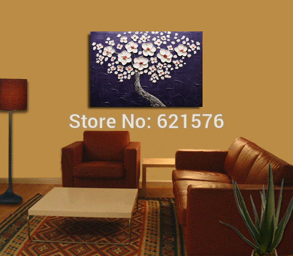 hand-painted modern home decor abstract dark purple white cherry tree wall art picture thick palette knife canvas oil painting