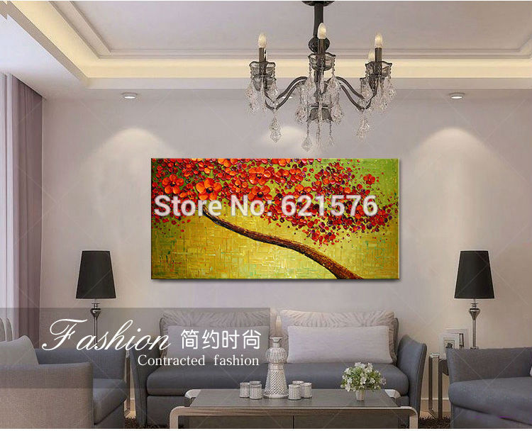 hand-painted modern home decor abstract green red cherry blossom trees wall art picture thick palette oil painting on canvas art