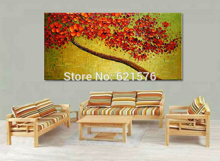 hand-painted modern home decor abstract green red cherry blossom trees wall art picture thick palette oil painting on canvas art