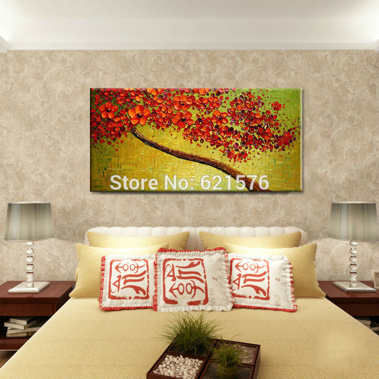 hand-painted modern home decor abstract green red cherry blossom trees wall art picture thick palette oil painting on canvas art