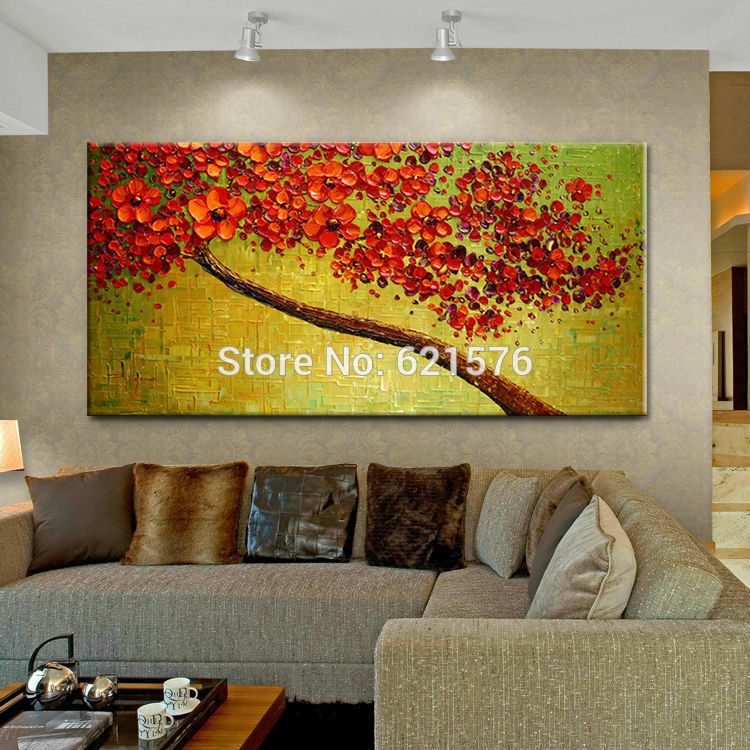 hand-painted modern home decor abstract green red cherry blossom trees wall art picture thick palette oil painting on canvas art