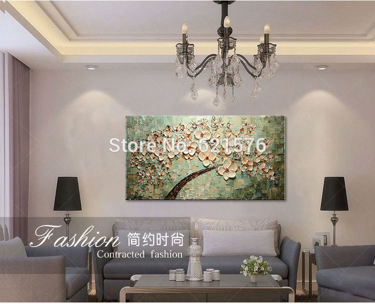 hand-painted modern home decor abstract khaki white cherry blossom trees wall art picture thick palette oil painting on canvas