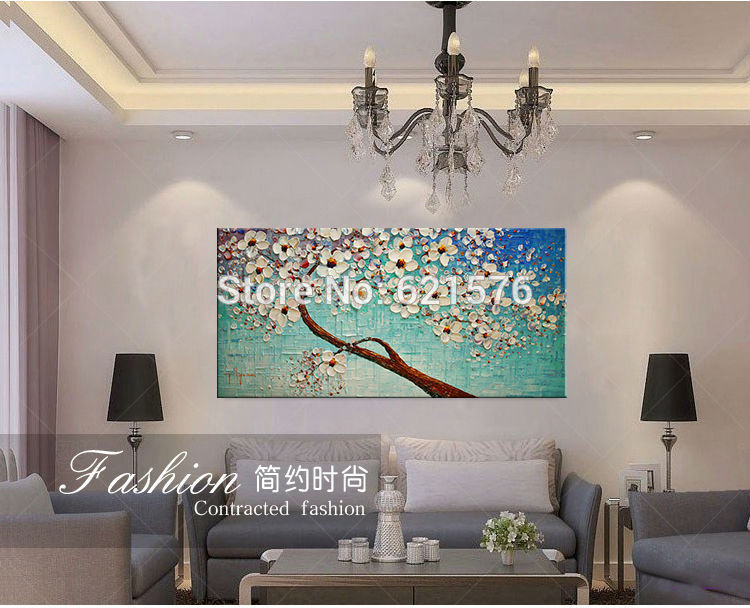 hand-painted modern home decor abstract wall art picture thick palette blue white cherry blossom tree oil painting on canvas art