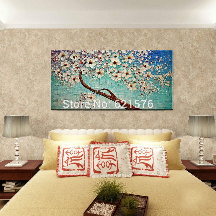 hand-painted modern home decor abstract wall art picture thick palette blue white cherry blossom tree oil painting on canvas art