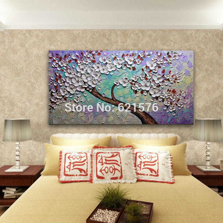 hand-painted modern home decor abstract wall art picture thick palette purple green white cherry tree oil painting on canvas art