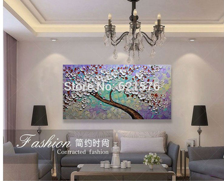 hand-painted modern home decor abstract wall art picture thick palette purple green white cherry tree oil painting on canvas art