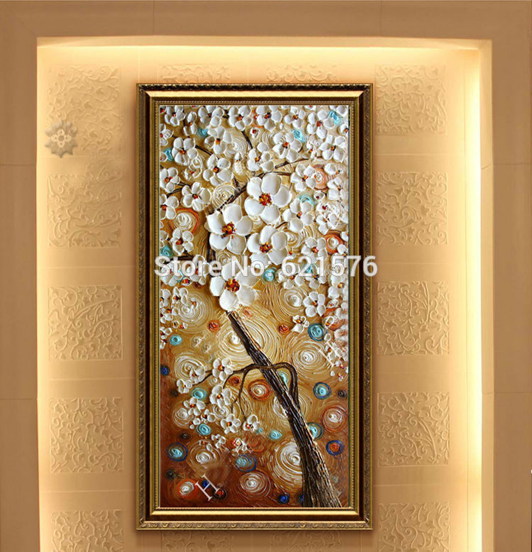 hand-painted modern home decor abstract wall art picture thick palette sapphire white flower tree oil painting on canvas art