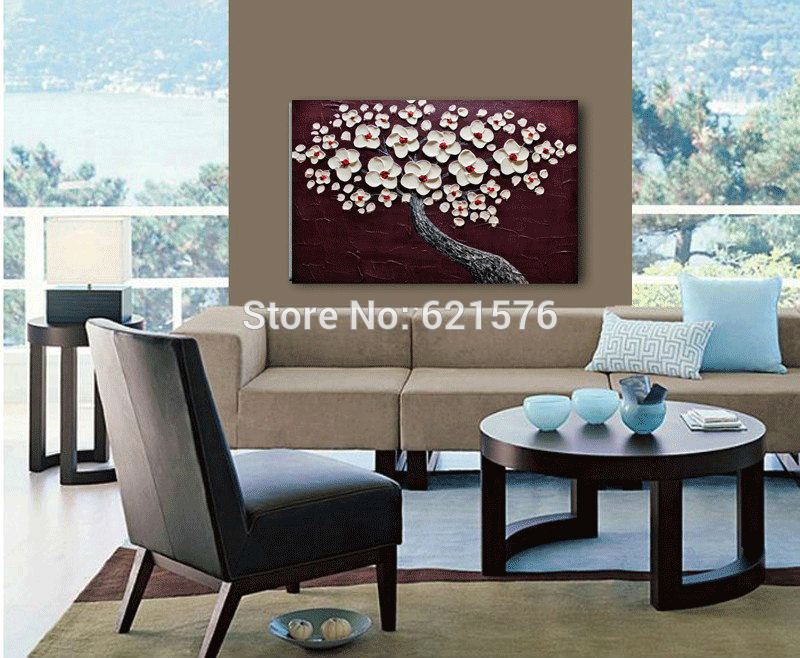 hand-painted modern home decor abstract white cherry blossom wine red wall art picture thick palette knife canvas oil painting