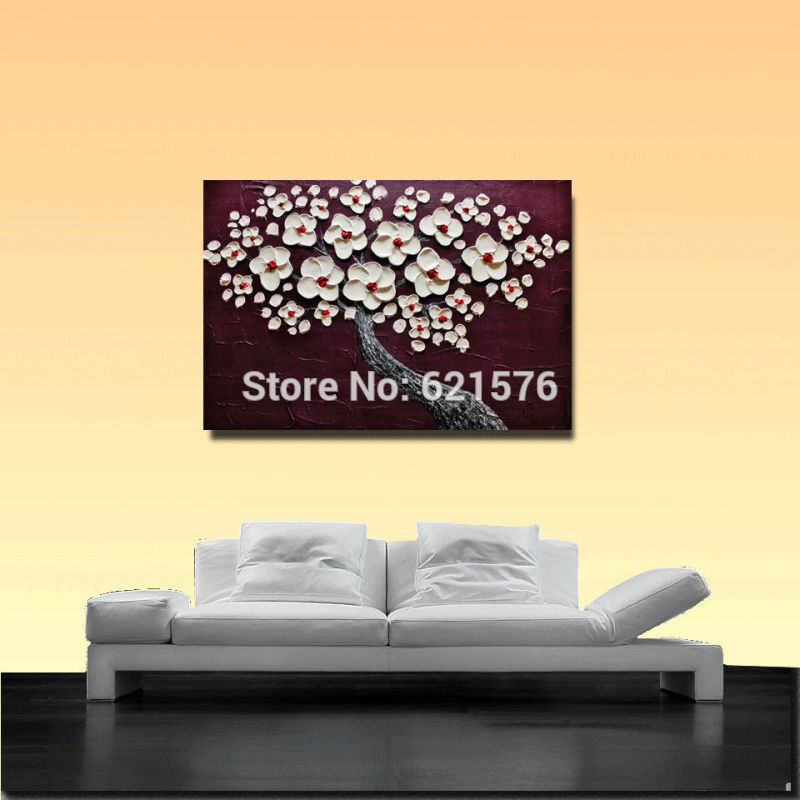 hand-painted modern home decor abstract white cherry blossom wine red wall art picture thick palette knife canvas oil painting