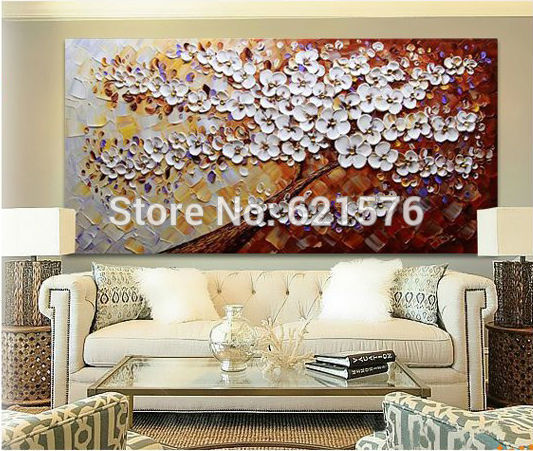 hand-painted modern home decor abstract white flower on brown wall art picture thick palette knife oil painting on canvas art