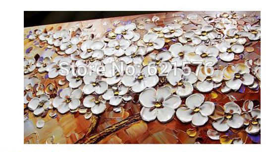 hand-painted modern home decor abstract white flower on brown wall art picture thick palette knife oil painting on canvas art