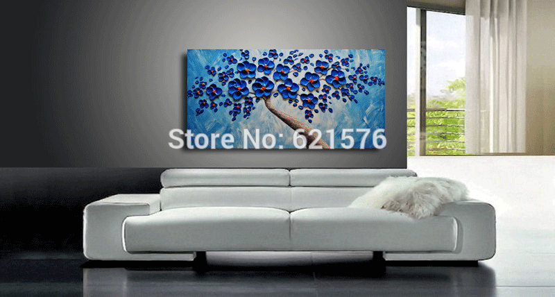 hand-painted modern home decor sky blue blooming tree flower wall art picture abstract thick palette knife canvas oil painting