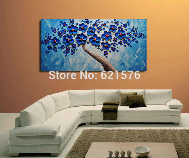 hand-painted modern home decor sky blue blooming tree flower wall art picture abstract thick palette knife canvas oil painting