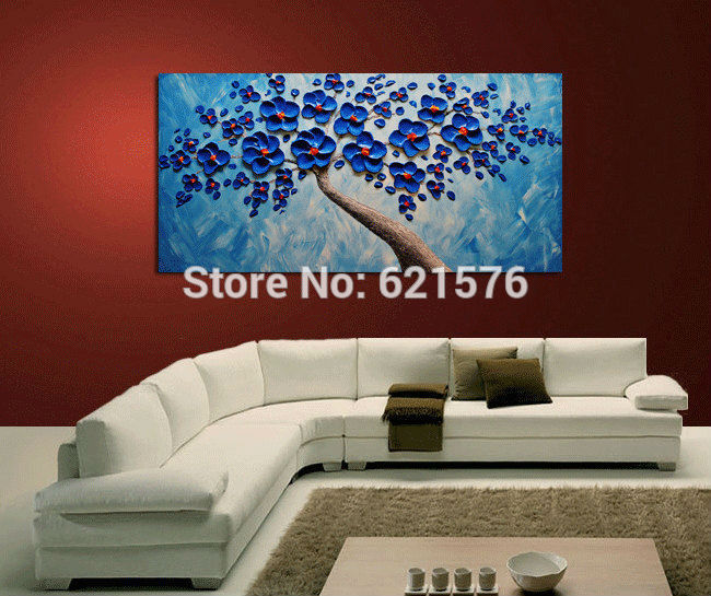 hand-painted modern home decor sky blue blooming tree flower wall art picture abstract thick palette knife canvas oil painting