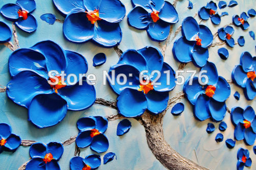 hand-painted modern home decor sky blue blooming tree flower wall art picture abstract thick palette knife canvas oil painting