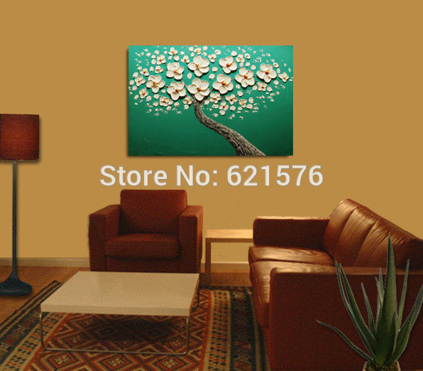 hand-painted modern home decoration abstract green white cherry blossom wall art picture thick palette knife canvas oil painting