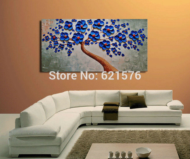 hand-painted modern home decoration blue blooming tree green wall art picture abstract thick palette knife canvas oil painting