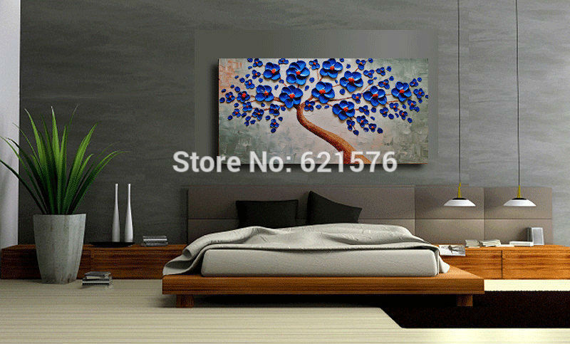 hand-painted modern home decoration blue blooming tree green wall art picture abstract thick palette knife canvas oil painting