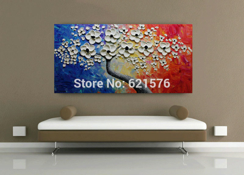 hand-painted modern home decoration blue red white flower tree wall art picture abstract thick palette knife canvas oil painting