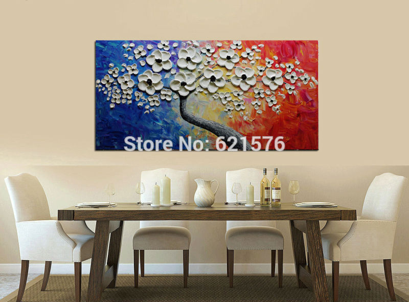 hand-painted modern home decoration blue red white flower tree wall art picture abstract thick palette knife canvas oil painting