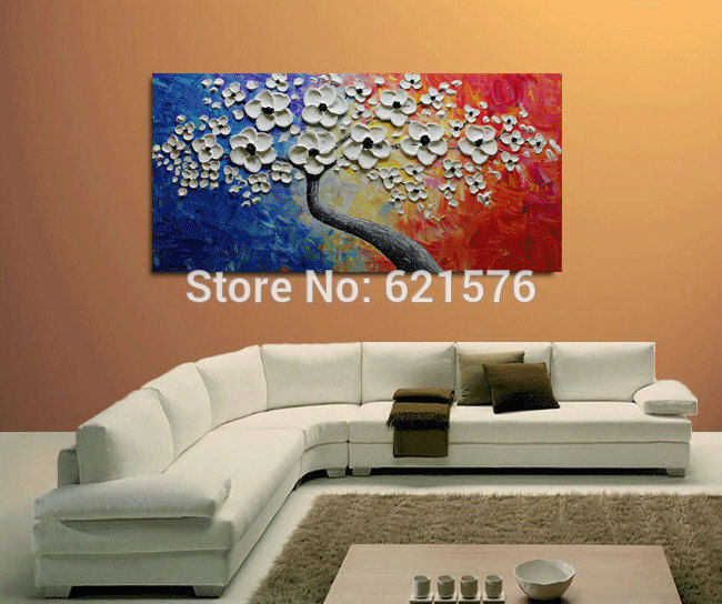 hand-painted modern home decoration blue red white flower tree wall art picture abstract thick palette knife canvas oil painting