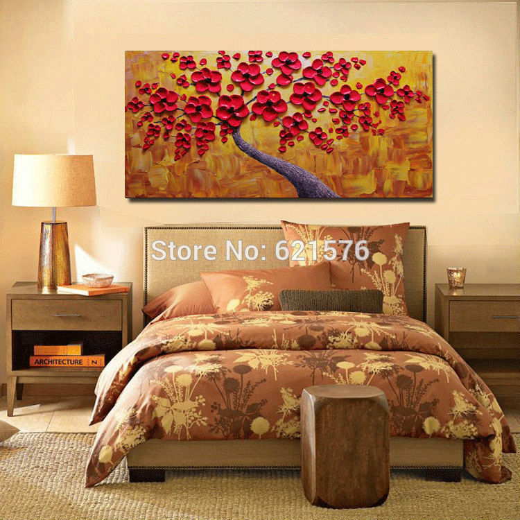 hand-painted modern home decoration rose red blooming tree wall art picture abstract thick palette knife oil painting on canvas