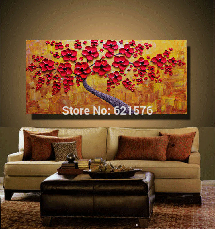 hand-painted modern home decoration rose red blooming tree wall art picture abstract thick palette knife oil painting on canvas