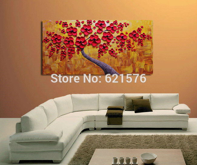 hand-painted modern home decoration rose red blooming tree wall art picture abstract thick palette knife oil painting on canvas