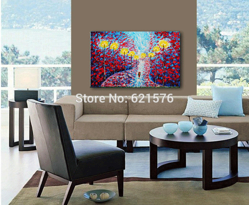 hand-painted modern living room decor home decor blue red umbrella wall art picture thick palette knife landscape oil painting