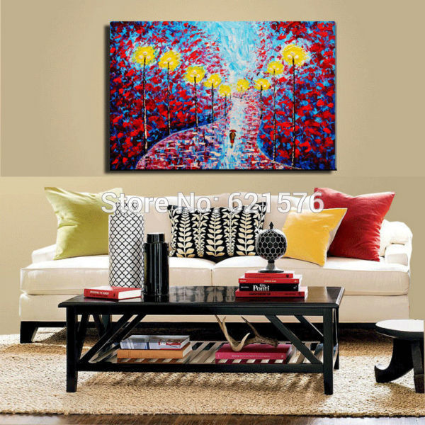 hand-painted modern living room decor home decor blue red umbrella wall art picture thick palette knife landscape oil painting