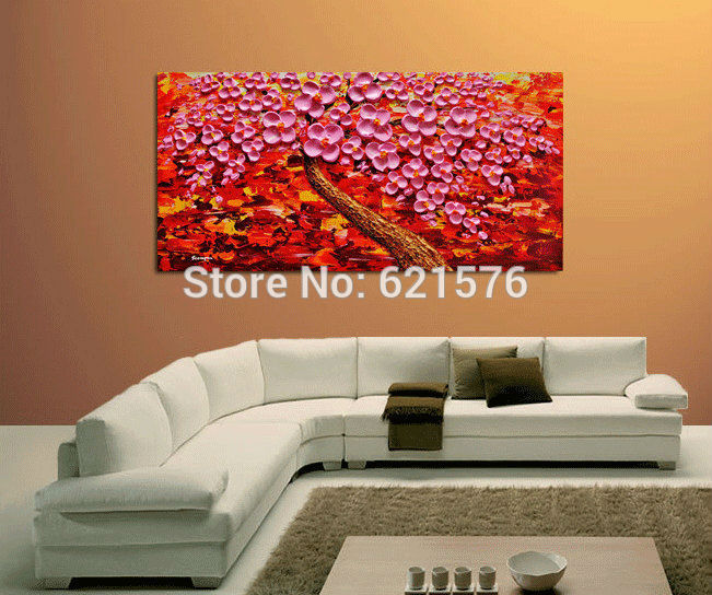 hand-painted modern living room home decor abstract pink blooming tree wall art picture thick palette knife canvas oil painting