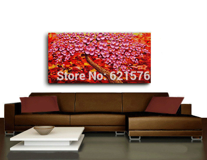 hand-painted modern living room home decor abstract pink blooming tree wall art picture thick palette knife canvas oil painting