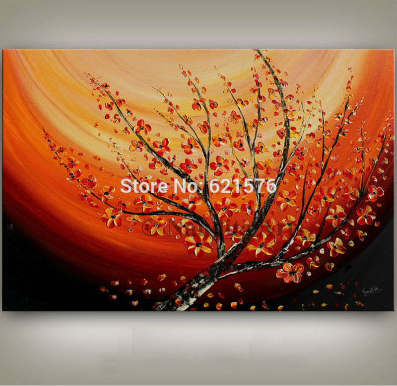 hand-painted modern orange red plum blossom flower tree wall art picture home decor abstract palette oil painting on canvas art