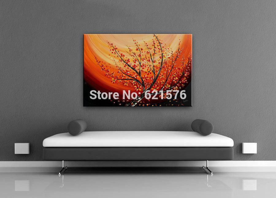 hand-painted modern orange red plum blossom flower tree wall art picture home decor abstract palette oil painting on canvas art