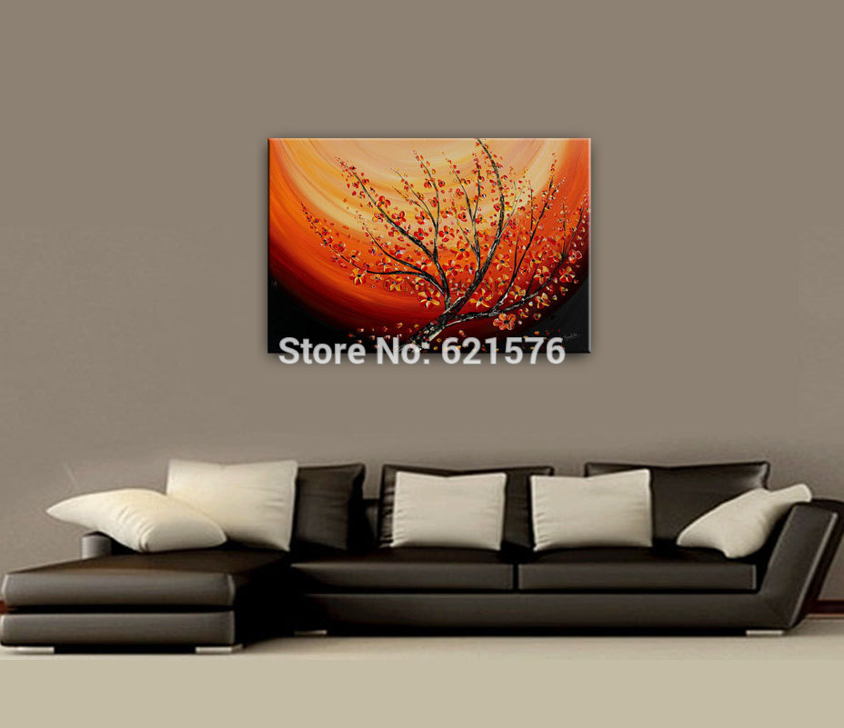 hand-painted modern orange red plum blossom flower tree wall art picture home decor abstract palette oil painting on canvas art