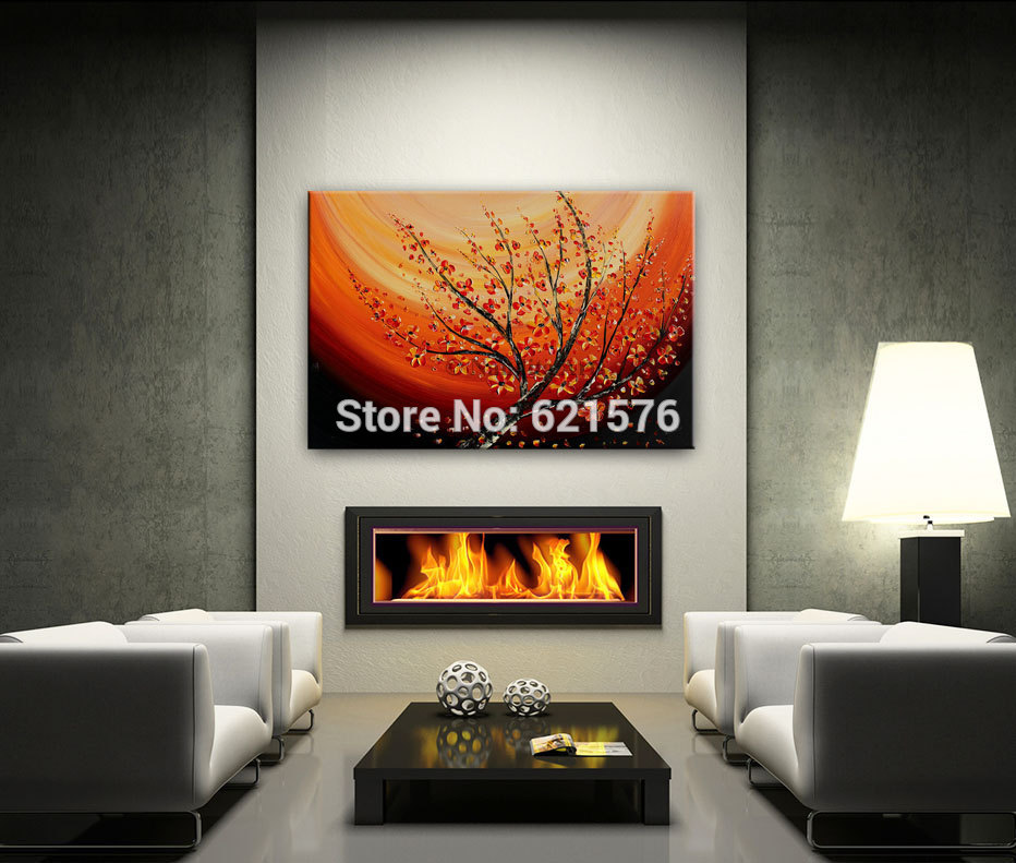 hand-painted modern orange red plum blossom flower tree wall art picture home decor abstract palette oil painting on canvas art