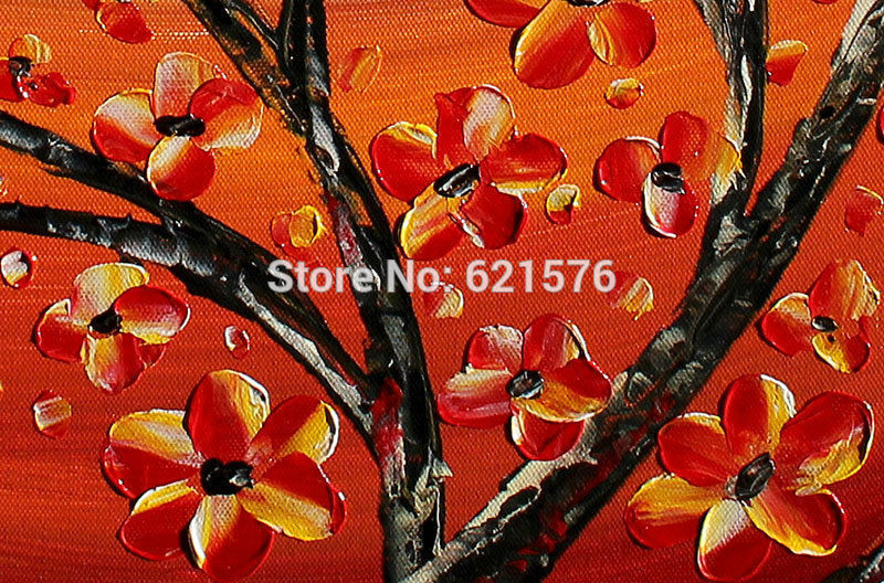 hand-painted modern orange red plum blossom flower tree wall art picture home decor abstract palette oil painting on canvas art