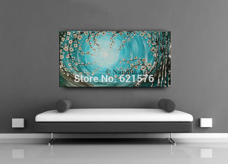 hand-painted modern turquoise flower brich tree wall art picture home decor abstract palette knife oil painting on canvas art