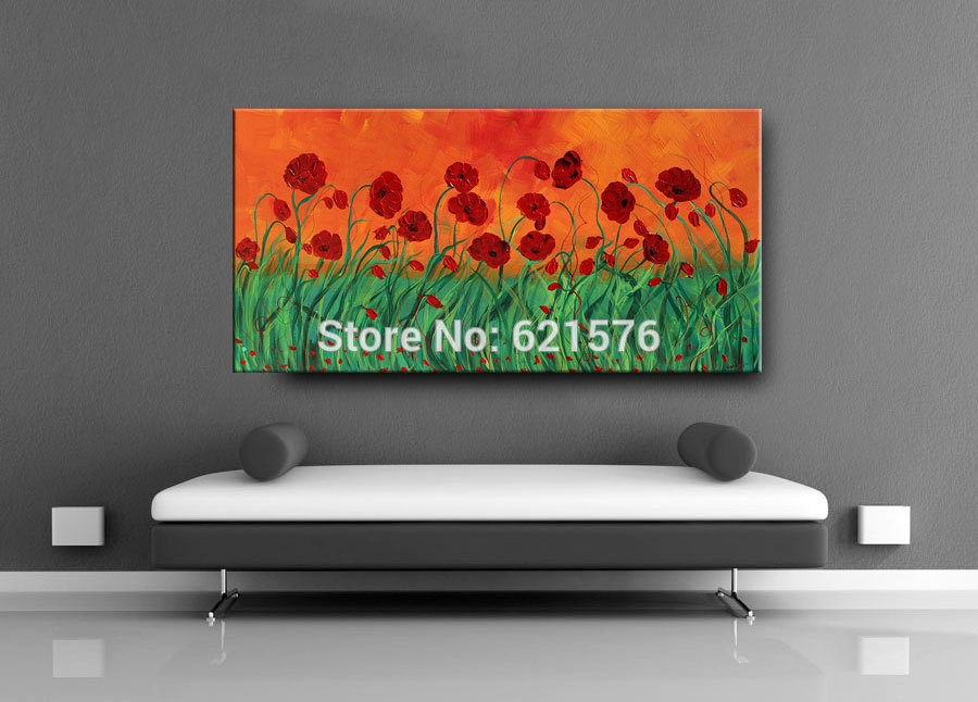 hand-painted modern wind red green corn poppy flower wall art picture home decor abstract palette knife oil painting on canvas