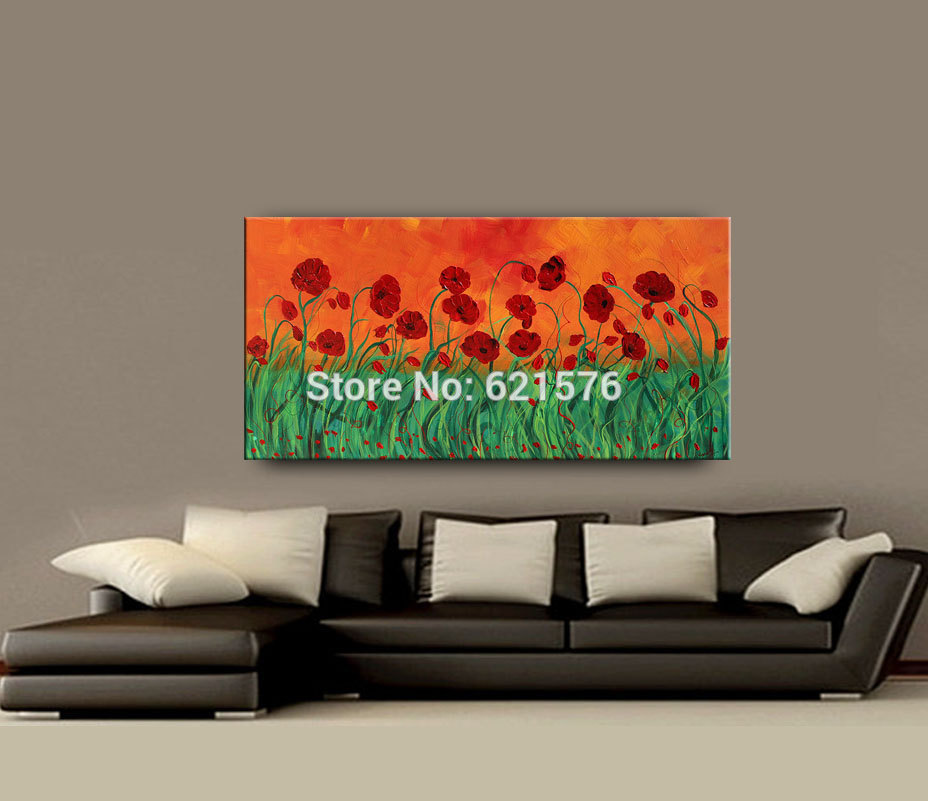 hand-painted modern wind red green corn poppy flower wall art picture home decor abstract palette knife oil painting on canvas