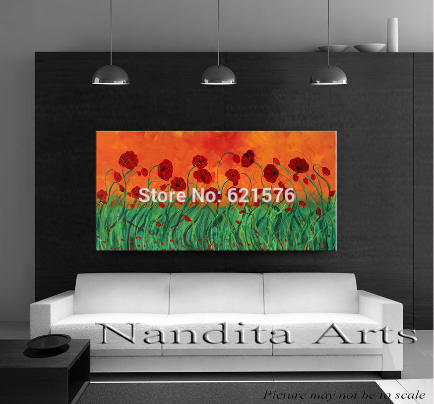 hand-painted modern wind red green corn poppy flower wall art picture home decor abstract palette knife oil painting on canvas